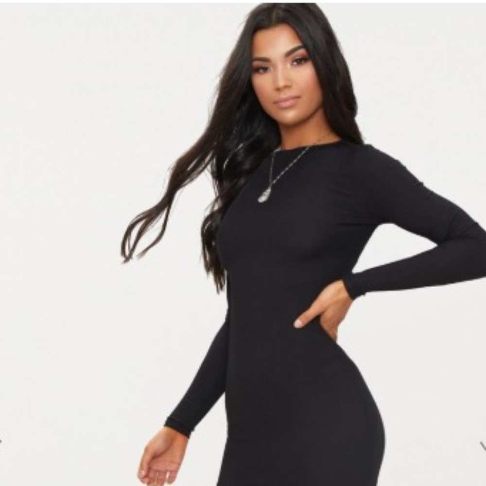 Black Ribbed Long Sleeve Midi Dress